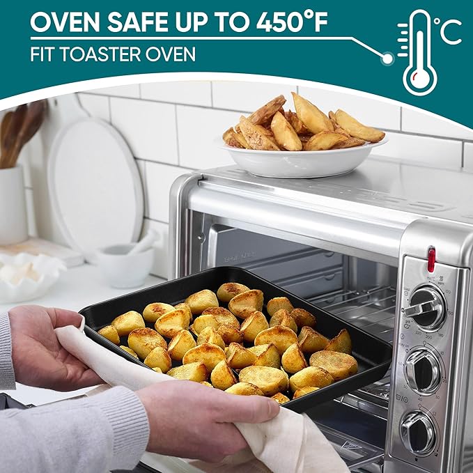 E-far Baking Sheet Set of 2, 10.5" x 8" x 1" Cookie Sheet Pan for Baking, Nonstick Carbon Steel Baking Trays for Toaster Oven, Heat-Resistant & Easy Clean, Black