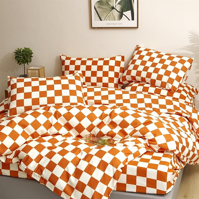 CLOTHKNOW Rust Beige Plaid Twin/Twin XL Comforter Set 3Pcs Grid Bedding Comforter Sets Soft All Season Checker Comforter with 2 x Pillow Cases