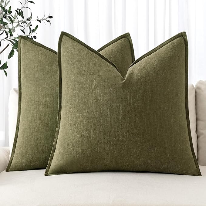 MIULEE Decorative Linen Pillow Covers 26x26 Inch Green Boho Farmhouse Neutral Couch Throw Pillows for Bed Pack of 2 Accent Outdoor Pillowcase Modern Sofa Cushion Livingroom Home Decor