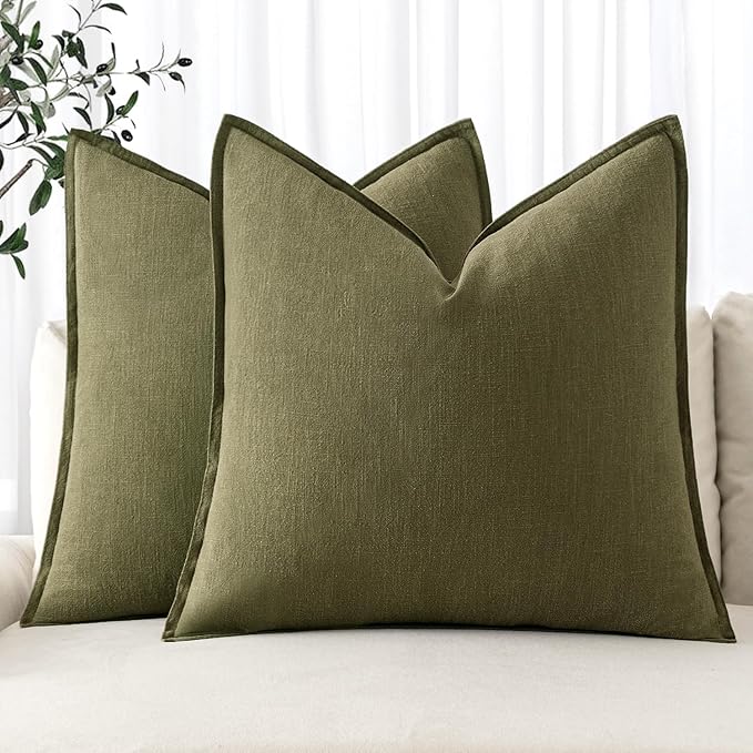 MIULEE Decorative Linen Pillow Covers 18x18 Inch Green Boho Farmhouse Neutral Couch Throw Pillows for Bed Pack of 2 Accent Outdoor Pillowcase Modern Sofa Cushion Livingroom Home Decor