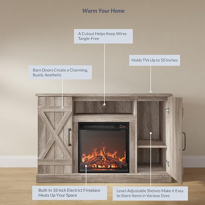BELLEZE 47" TV Stand with 18" Electric Fireplace Heater & Media Entertainment Center Console Table for TV up to 50" with Open Storage Shelves & Cabinets - Veropeso (Ashland Pine)