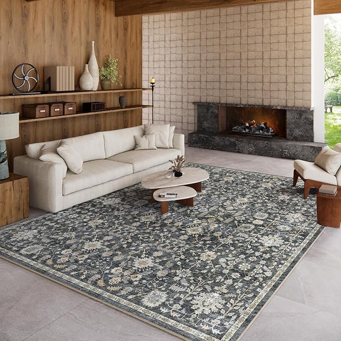 8x10 Washable Area Rugs Ultral Soft Non-Slip Stain Resistant Vintage Boho Large Carpet for High-Traffic Living Room & Dining Room
