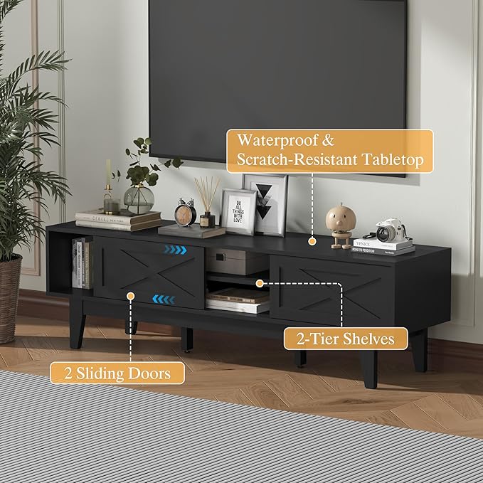 Wooden TV Stand for 55 65 70 inch TV, Long & Large TV Media Console Table with Storage Cabinets, Boho Farmhouse Entertainment Center for Living Room, Bedroom - Black