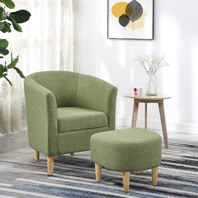 DAZONE Accent Chairs Set of 2 Mid Century Modern Chair with Ottoman Comfy Armchair Footrest Set Comfortable Living Room Chairs Upholstered Barrel Club Tub Sofa Chair for Bedroom Reading Room Green