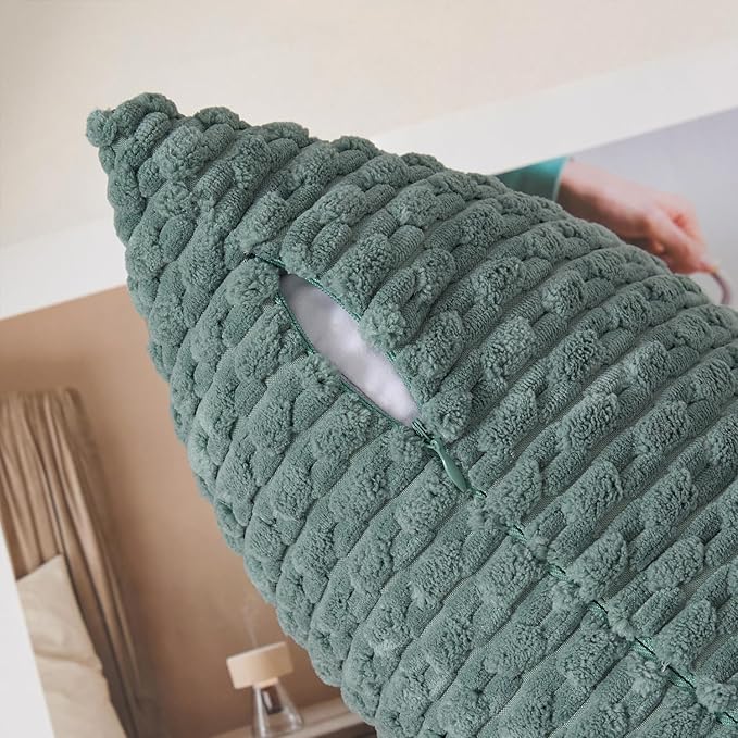 Kevin Textile Decorative Pillow Covers Set of 2 Striped Plush Corduroy Pillows Pillowcases Boho Home Decor Cushion Covers for Couch Sofa Bed Living Room 18x18 Inch, Teal Green