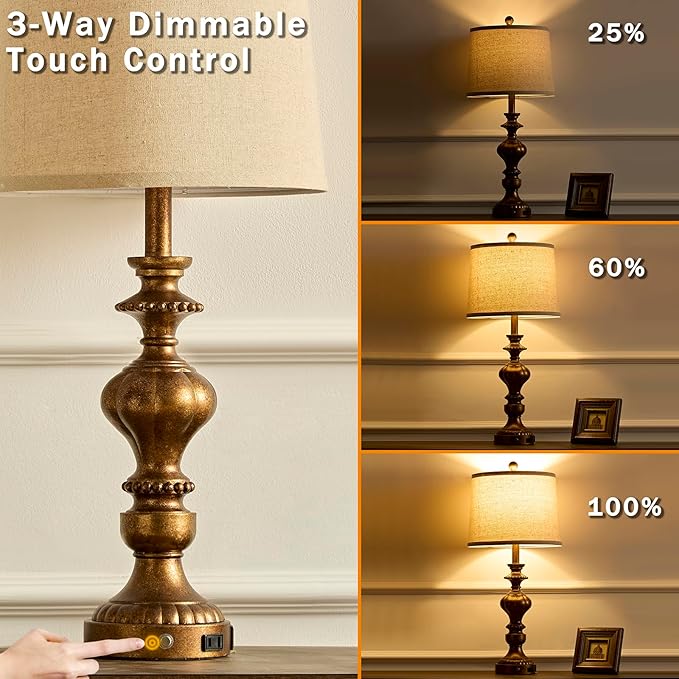 27.5" Farmhouse Table Lamps Set of 2 Bedside Nightstand Lamp with USB C+A Ports & AC Outlet, 3 Way Dimmable Touch Lamps for Bedroom Living Room Office Hallway Rustic Traditional Lamp (Copper)