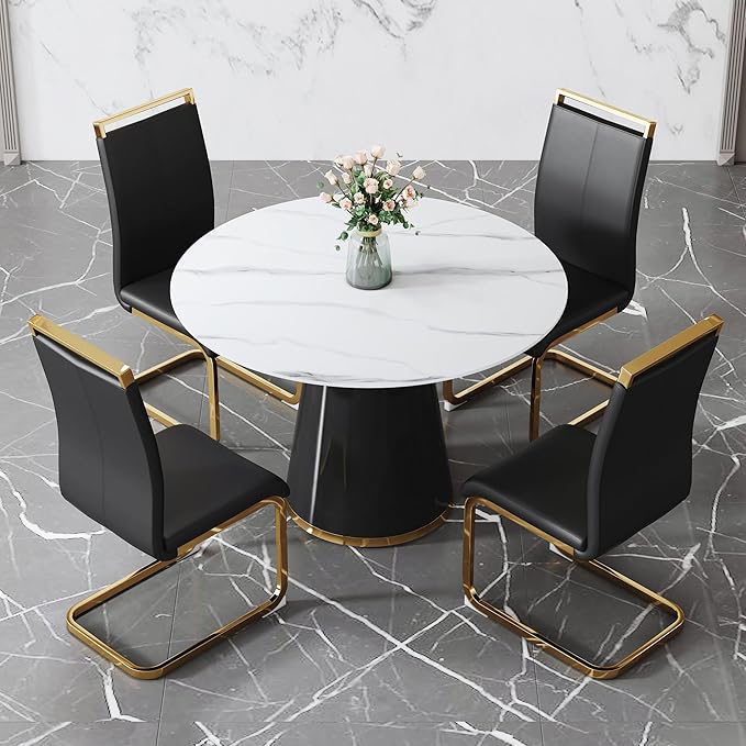 45 Inch Round Dining Table Set for 4, 5 Piece Kitchen Table and Chairs Set, White Faux Marble Table Top, Small Space Dining Set for Apartment or Dining Room
