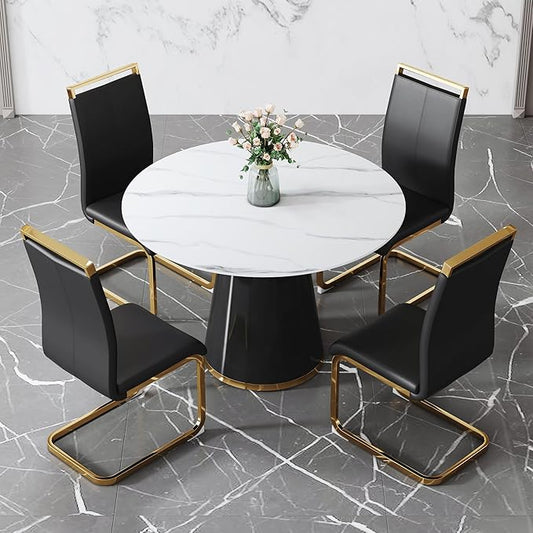 45 Inch Round Dining Table Set for 4, 5 Piece Kitchen Table and Chairs Set, White Faux Marble Table Top, Small Space Dining Set for Apartment or Dining Room