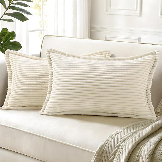 decorUhome Corduroy Cream White Throw Pillow Covers 12x20 Set of 2 Decorative Soft Boho Striped Lumbar Neutral Euro Farmhouse Couch Pillow Covers with Broadside for Living Room Bed Sofa