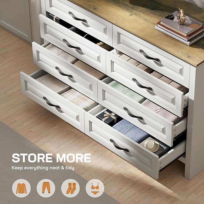 Amada Farmhouse 8 Drawer Dresser for Bedroom, 47.2 Inch Wide Wood Dresser with Natural Texture, Large Drawers, Rustic Farmhouse Chest of Drawers for Bedroom, Living Room, Hallway, Brown & White