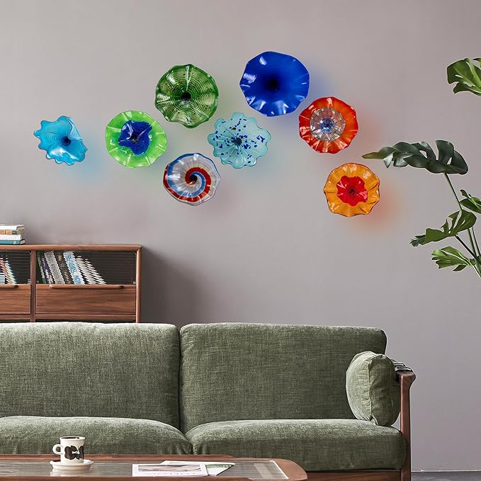 Hand Blown Glass Wall Plates Decor, Modern Unique Glass Wall Art, Murano Blown Glass Wall Art with Transparent and Easy to Clean for Staircase, Living Room, Kitchen, Hallway