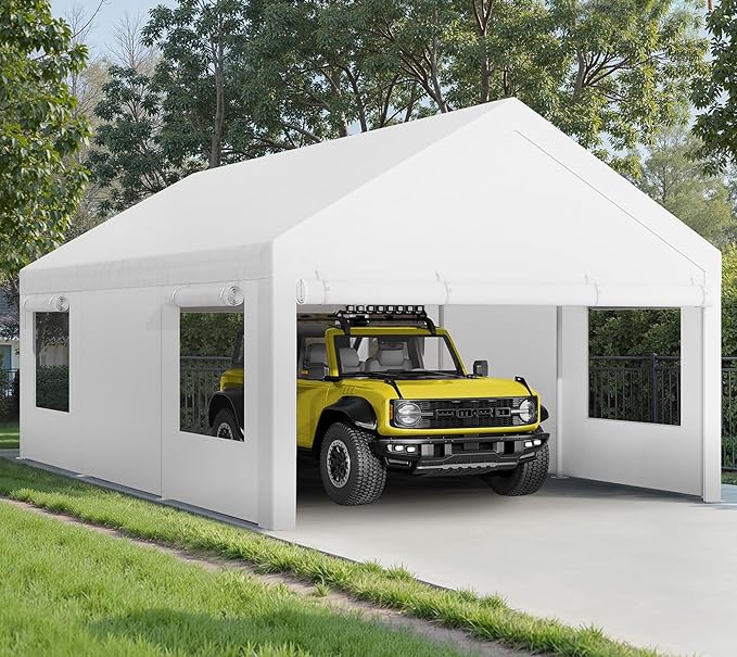 Walsunny Carport, 12x20ft Heavy Duty Carport Canopy with Roll-up Windows, Portable Garage with Removable Sidewalls & Doors, Car Canopy with All-Season Tarp for Car, Truck, Boat