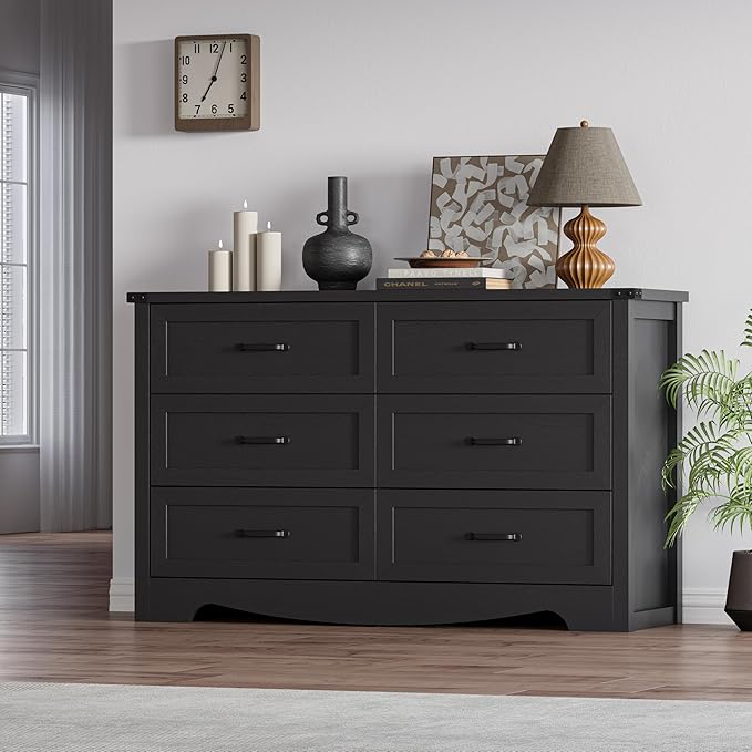 6-Drawer Dresser for Bedroom – 47" Wide Modern Wooden Chest with Natural Wood Texture, TV Stand & Storage, Metal Corner Brackets, Wood Drawer Organizer for Living Room, Hallway