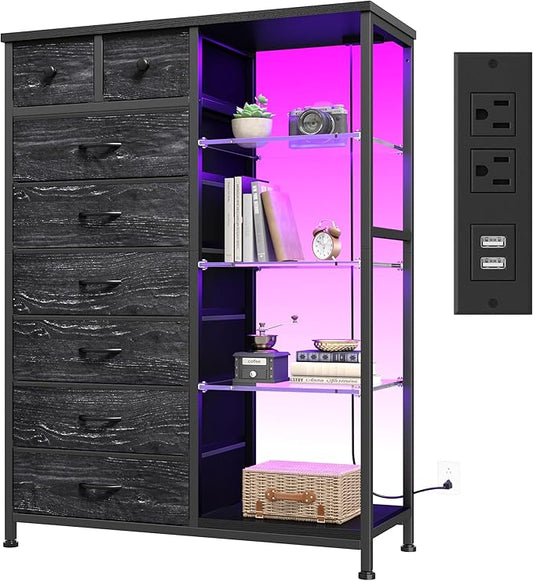 EnHomee Dresser for Bedroom with LED Lights & Power Outlets Tall Dresser with 8 Drawers Fabric Dressers & Chests of Drawers for Bedroom, Closet, Sturdy Metal Frame, Acrylic Plates (Charcoal Black)