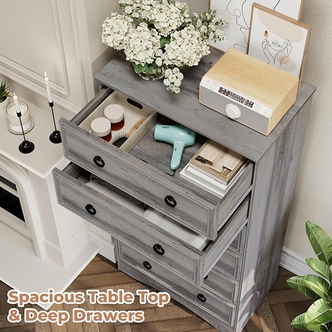 6 Drawer Dresser Tall, 52" Tall Grey Dresser for Bedroom, Chest of Drawers, Large Storage Organizer for Clothes, Grey Vintage, for Living Room, Bedroom, Hallway