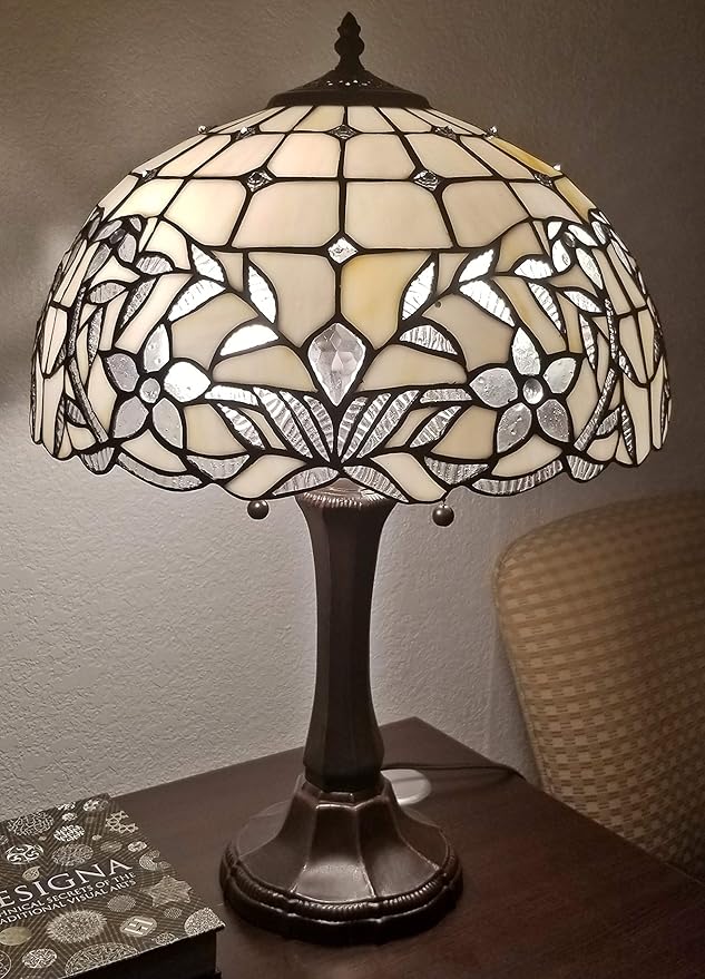 Tiffany Style Table Lamp Banker Jeweled 23" Tall Stained Glass White Mahogany Elegant Vintage Antique Night Stand Light Décor Living Room Bedroom Handmade Gift AM331TL16 Amora Lighting