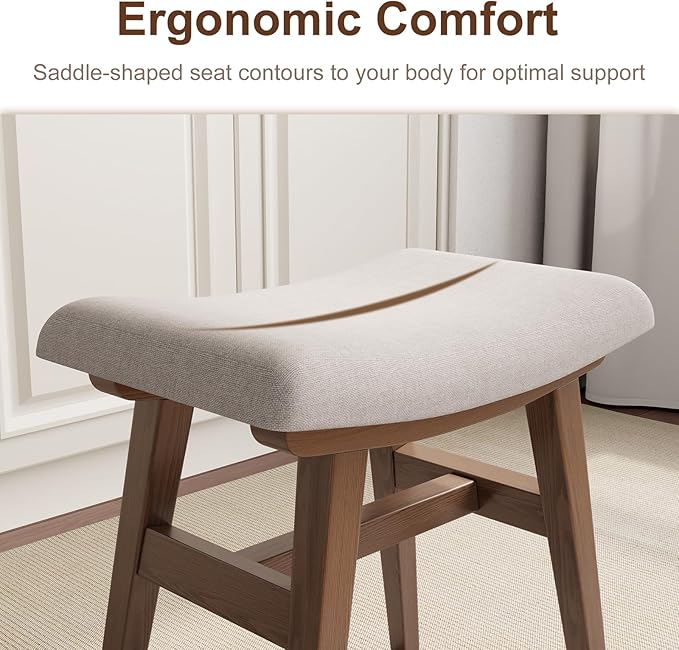 Solid Wood Small Vanity Stool, Compact Makeup Chair with Saddle Cushion, Linen-Covered High Rebound Sponge Seat, Easy Assembly Footstool for Bedroom, Entryway, Home, Walnut