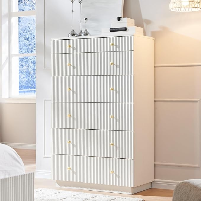 Fluted Dresser for Bedroom, 48" H White 7 Drawer Dressers, Wood Tall Dresser Storage Organizer, Modern Bedroom Chest with Deep Storage for Closet Hallway, Entryway, Living Room White