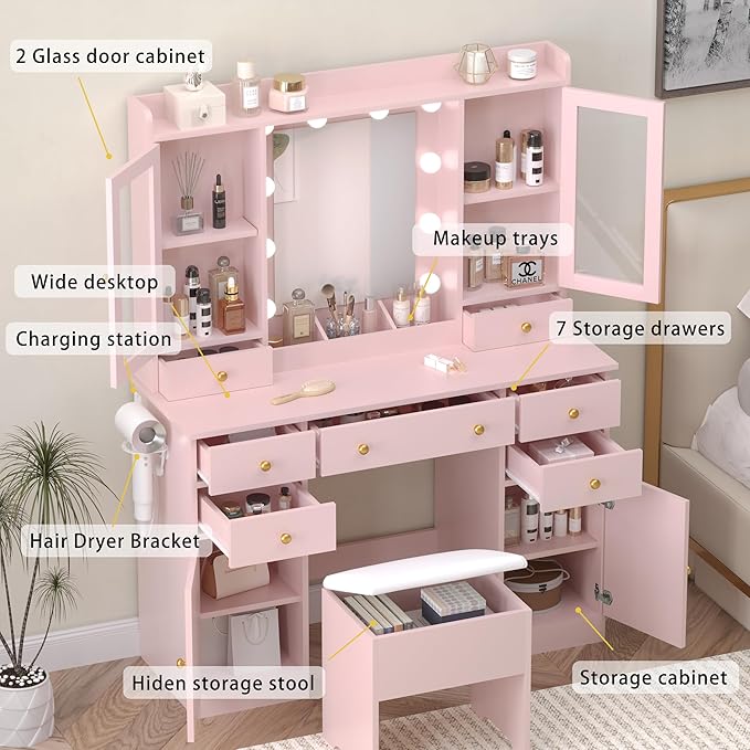 Vanity Desk with Mirror and Lights, 43" Pink Makeup Vanity Set with 5 Drawers & Glass Cabinets, Storage Stool, Power Outlet & Adjustable LED Lights, Dressing Table for Women & Girls Bedroom