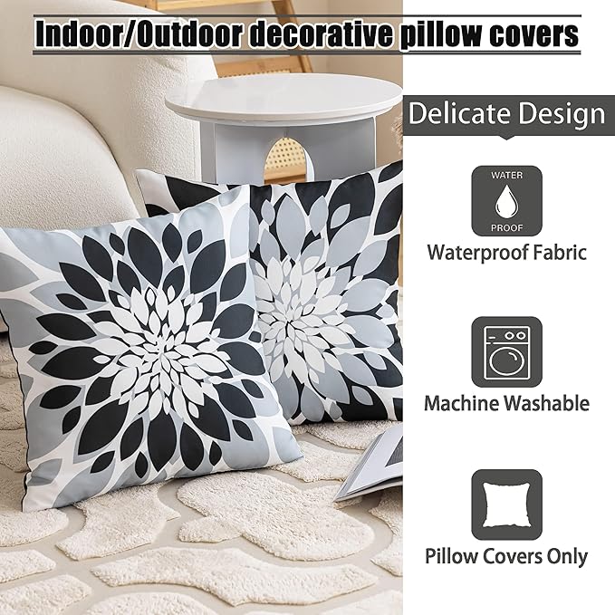 Qahing Pack of 4 Outdoor Waterproof Pillow Covers 20x20 Decorative Outdoor Throw Pillows Garden Square Cushion Cases for Patio Furniture, Couch, Tent Sunbrella, Bench, Black Grey