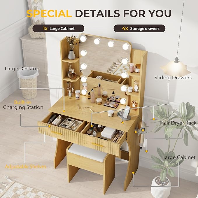 Vanity Desk with LED Lighted Mirror, Makeup Vanity with 3 Adjustable Lights, 2 Large Drawers and 4 Open Shelves, Natural Vanity with Storage Stool for Bedroom
