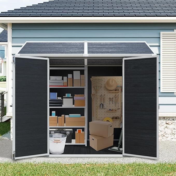 8x6 FT Outdoor Storage Resin Shed with Floor, Waterproof Plastic Garden Tool Shed with Windows, Vents & Lockable Door and Sloped Roof, Easy to Assemble Bike Shed for Patio, Backyard, Lawn, Black