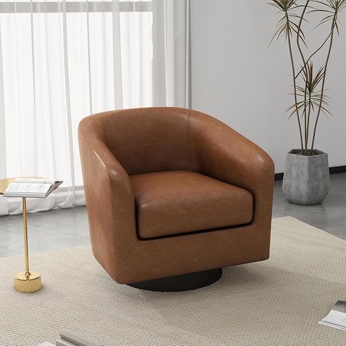 UIXE Faux Leather Swivel Barrel Accent Chair, Upholstered Armchair Club Chair for Living Room, Round Arm Chair Bedroom Single Sofa Reading Seat - Brown