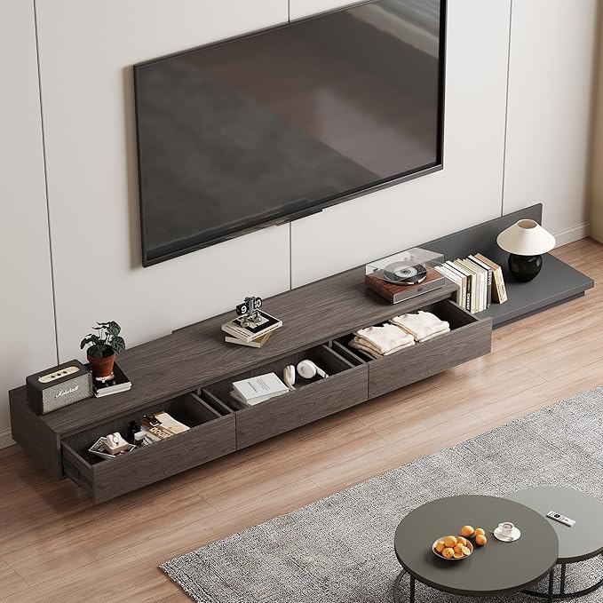 Adjustable TV Stand with 3 Drawers - Mid-Century Modern Extendable Entertainment Center for Living Room or Bedroom(78.7–130"), Stylish Black Walnut Media Console