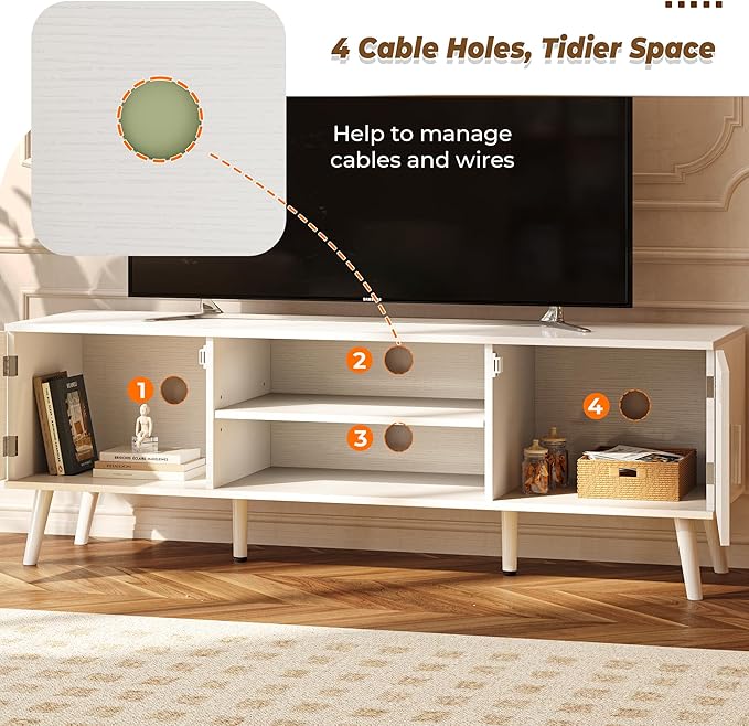 SUPERJARE TV Stand for 55 Inch TV, Entertainment Center with Adjustable Shelf, 2 Cabinets, TV Console Table, Media Console, Solid Wood Feet, Cord Holes, for Living Room, Bedroom, White