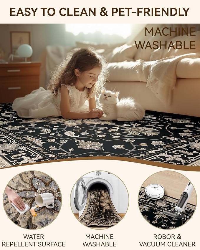 Area Rugs 2'x10' Washable Non-Slip, Floral Vintage Distress Print Pattern Medallion Carpet for Living Room Bedroom Dining Room, Black Brown Neutral Dark Tan