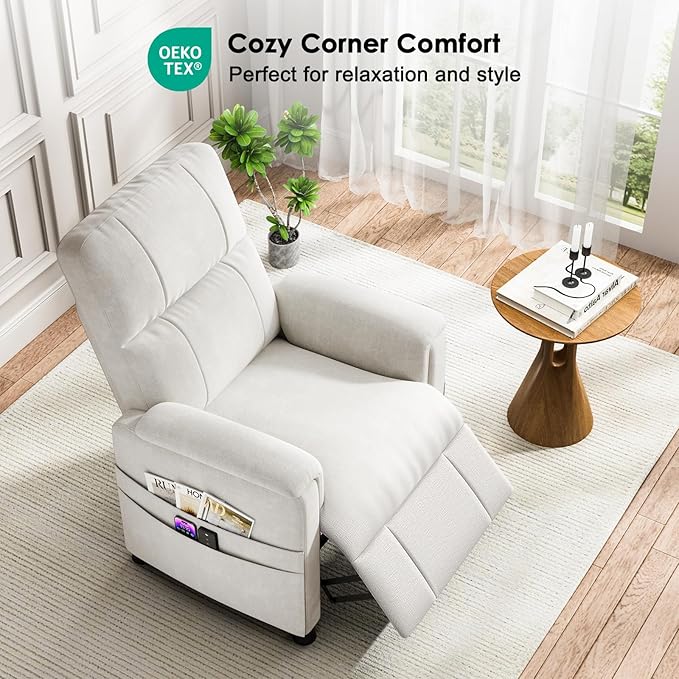 Amada Power Recliner Chair for Adults, Chenille Electric Reclining Chair for Small Spaces with Remote & Side Pockets, Thick Seat Cushion for Home Theater, RV, Living Room & Bedroom (White)