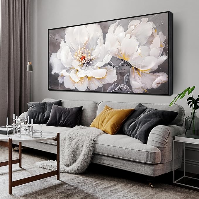 White Flower Wall Decor - Canvas Wall Art for Bedroom Women - Black Framed Wall Art Size 29" x 59"