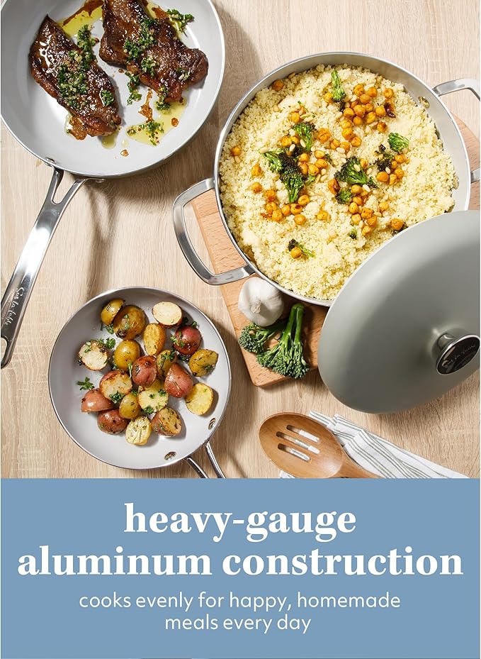 Sur La Table Kitchen Essentials Potluck Porch 10 Piece PFA Free Ceramic Non stick Interior Forged Aluminum Cookware Pots and Pans Set W/Aluminum Lids - Green - Induction Compatible