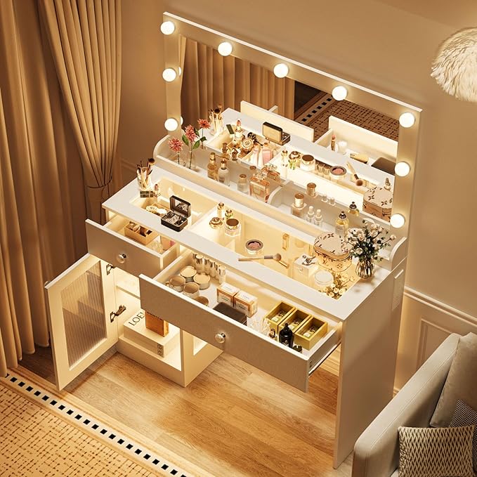 Vanity Desk with Large Mirror and Lights, 39.4'' Glass Top Makeup Vanity with RGB Cabinet Drawers Power Outlet 3 Color Light Modes Brightness Adjustable Vanity Dressing Table for Bedroom White