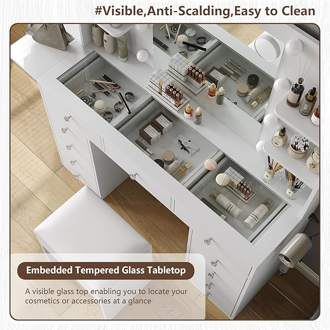 Vanity Desk with Power Outlet, 47'' W Makeup Table with Mirror and 12 LED Lights, 3 Color Lighting Modes, 11 Drawers Makeup Vanity with 4 Shelves, Fold-up Panel, Glass Top, Vanity Set for Bedroom