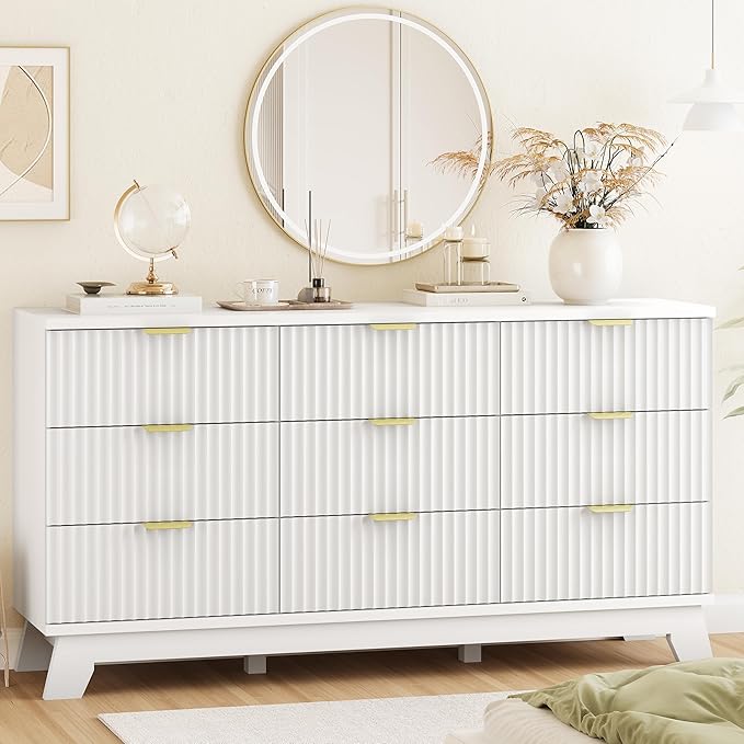 Fluted Dresser for Bedroom with 9 Drawers, 57" Wide Modern Chest of Drawers with Metal Handle, Wooden Dresser TV Stand, Wood Closet Clothes Storage Organizer for Living Room, Hallway, White