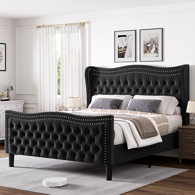 King Bed Frame with Tall Headboard & Footboard, Velvet Upholstered Platform Bed Frame with Deep Button Tufted Wingback, No Box Spring Needed, Noise Free, Black