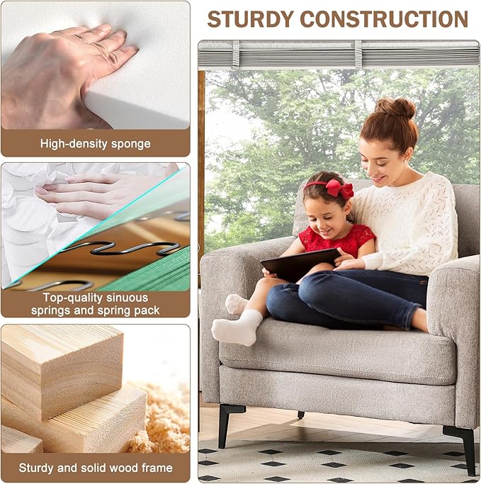 CDCASA Accent Chair, Linen Fabric Oversized Mid Century Modern Chair Set of 1, Comfy Upholstered Armchair Reading Accent Chairs Sofa Chairs for Bedroom Living Room, Light Brown