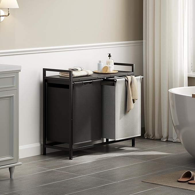 Laundry Hamper with Shelf, Laundry Basket 2 Section, Laundry Sorter with Pull-Out Removable Large 2 Color Bags and Movable, Metal Frame, 2 x 15.87 Gallons (60L), Black PF06XLK