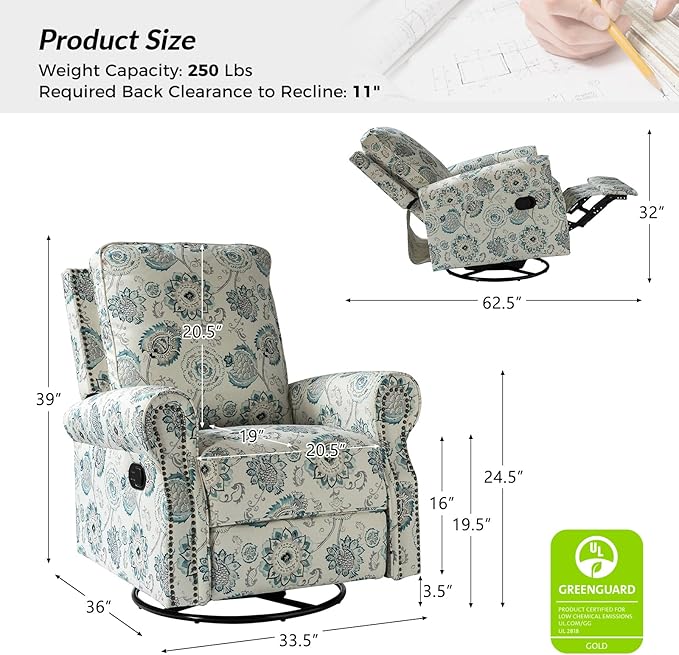 HULALA HOME Modern Rocker Recliner, Printed Fabric Swivel Glider with Adjustable Backrest & Footrest, Comfy Upholstered Manual Recliner Chair Home Theater Singe Sofa for Bedroom Living Room, MEDALLION