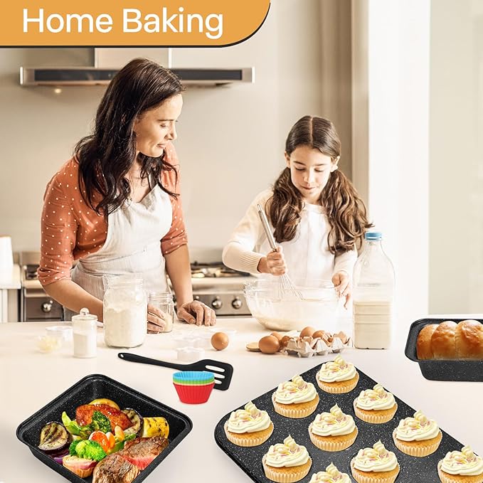 Bakeware Sets 6 Pcs, Non Stick Baking Pans Set, Black Speckled Kitchen Baking Set, Stackable Storage, Easy Clean & Even Heating, with Cooling Rack, Cake, Muffin, and Loaf Pan