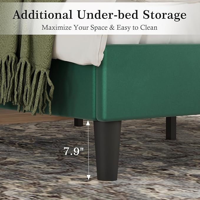 VECELO Queen Bed Frames, Upholstered Platform Bedframe, Adjustable Headboard, Wood Slat Support, No Box Spring Needed, Easy Assembly, Dark Green