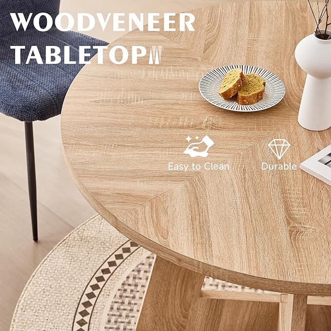 47" Round Dining Room Table Set for 4, [Fanned Base] [1.38" Thick Top] Wood Kitchen Table with 4 Chenille Dining Chairs