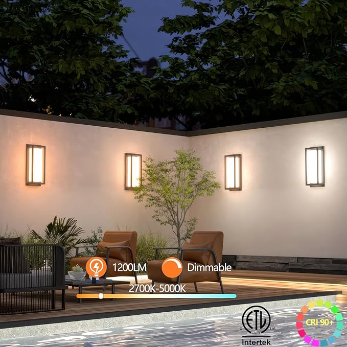 Dimmable LED Outdoor Wall Sconce, Modern Porch Lights 2700K 3000K 3500K 4000K 5000K 5 Colors Changeable,1400 Lumens Exterior Up Down Outdoor Wall Lights for House,Garage Door 2 Pack