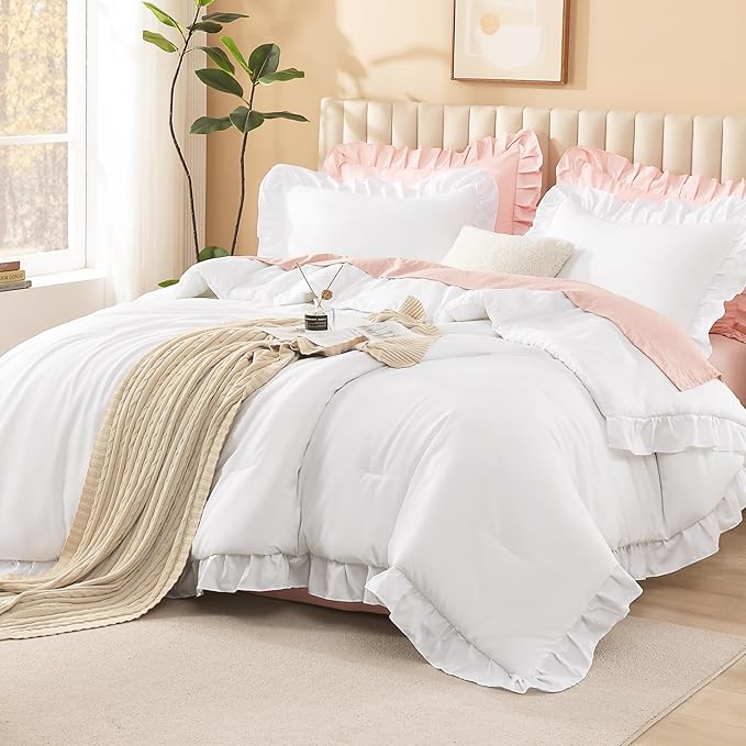 Litanika Oversized King Comforter Set White, 3 Pieces Boho Vintage Solid Ruffle White Comforter Bedding Set, Shabby Chic All Season Soft Lightweight Bed Set (120x98In Comforter & 2 Pillowcases)