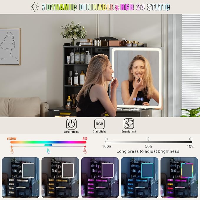 Vanity Desk with Sliding Vanity Mirror and RGB Lights,Makeup Vanity Desk with Charging Station,LED Vanity Table with Hidden Storage,Dressing Table Set with Stool&5 Drawers for Bedroom,Black