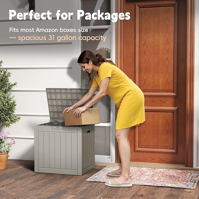 Outdoor Storage Box, 31 Gallon Waterproof Resin Deck Box, Storage Bin for Package Delivery, Patio Furniture Cushion, Garden Tools, Pool Accessories, Weatherproof and UV Resistant, Grey