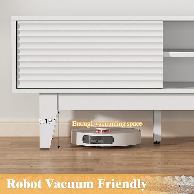 Wooden Fluted TV Stand for 55 65 70 inch TV, Long & Large TV Media Console Table with Storage Cabinets, Boho Farmhouse Entertainment Center for Living Room, Bedroom - White