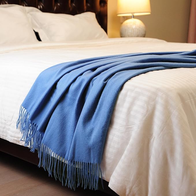 CUDDLE DREAMS Premium Cashmere Throw Blanket with Fringe, Luxuriously Soft (Porcelain Blue)