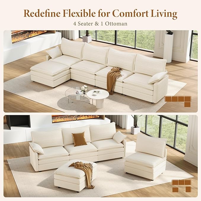 Vesgantti 142" Cloud Couch Sectional Modular Sofa, Comfy Sectional Couch with Ottoman Deep Seat Corduroy L Shaped Sofa, Modular Couches for Living Room, Bedroom and Apartment, Beige